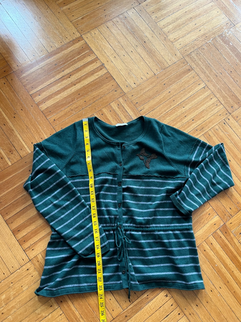 Wrap London • Green and heat Striped Button-Front Cardigan with Beaded Bird